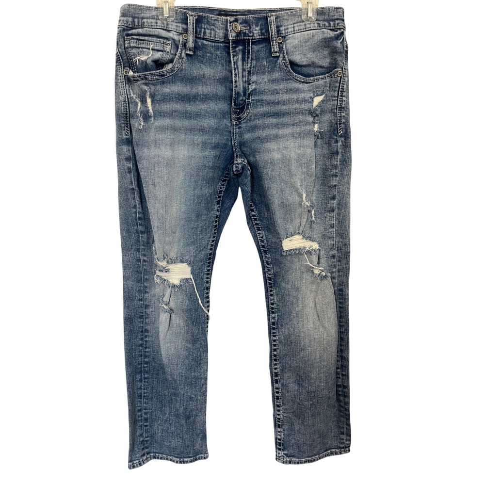 BKE Jake Straight Distressed Mens Jeans 34x30 Medium Wash ABP16265 Blue Denim